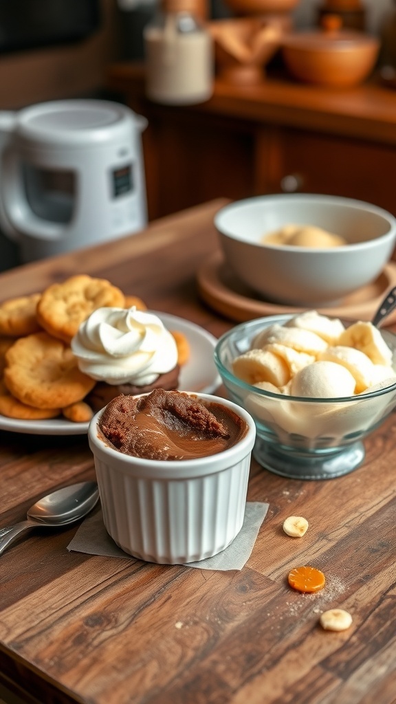 Three microwave desserts: chocolate mug cake, peanut butter cookies, and banana ice cream on a wooden table.
